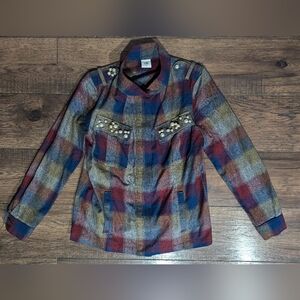 CAbi Jacket Women's M Blue Red Plaid Collage Flannel Full Zip Pearl Shacket 3555